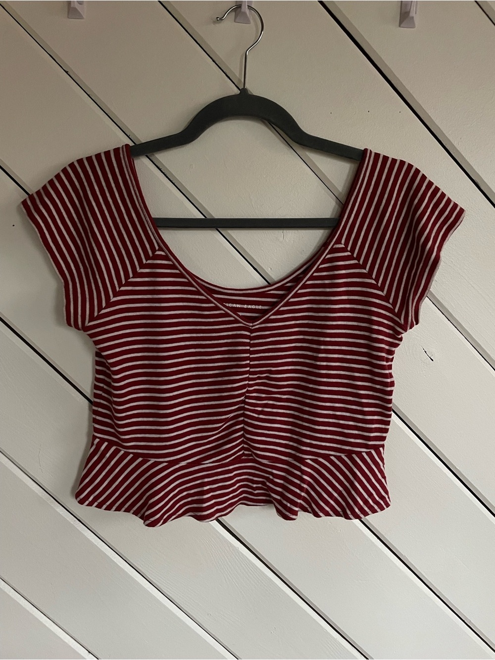 American Eagle Outfitters Red & White Striped Peplum Crop Top Babydoll Henley